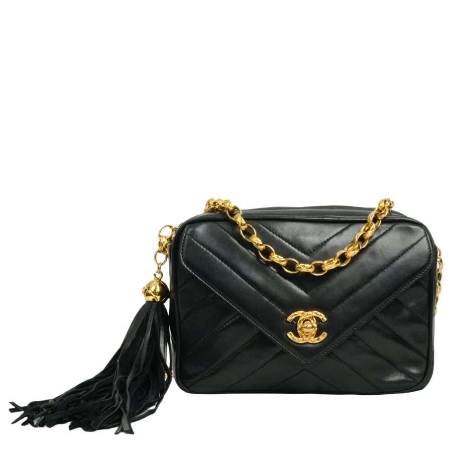CHANEL 1991-1994 Coco Mark V-Stick Chain Lambskin Shoulder Bag