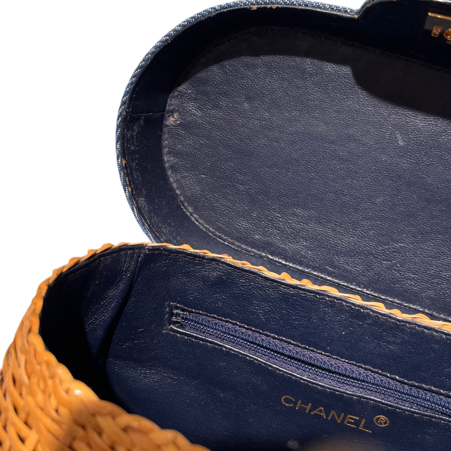 CHANEL 1997–1999 Coco Mark Chain Straw Denim Basket Shoulder Bag