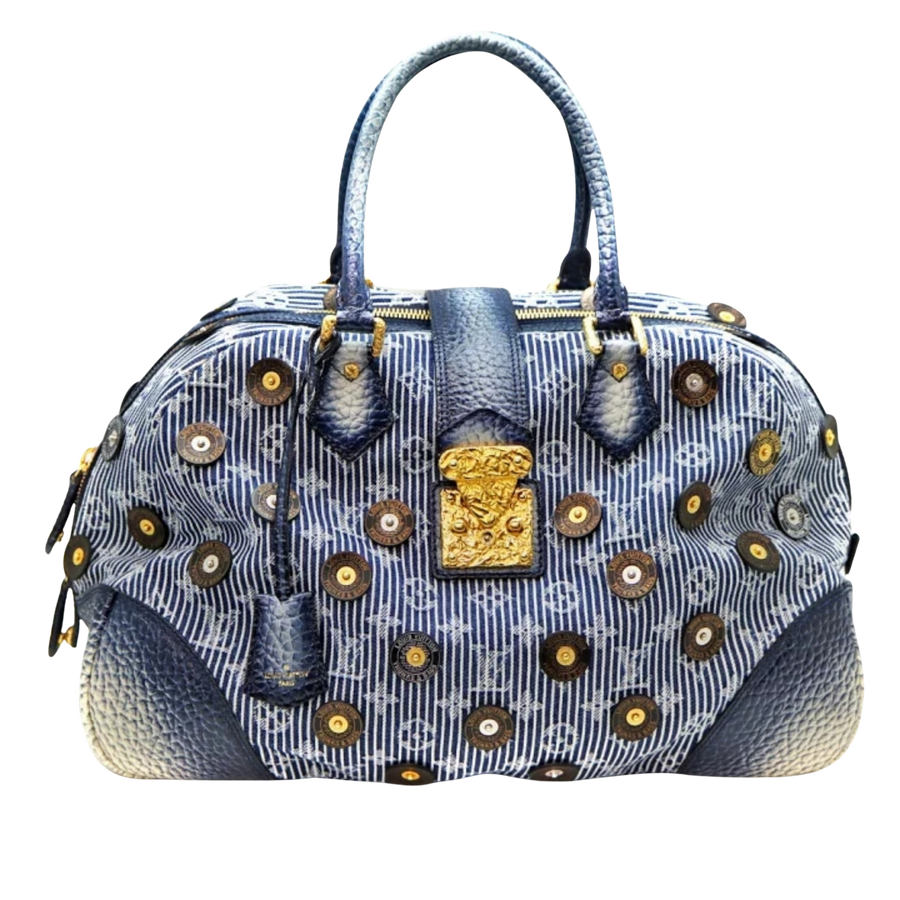 LOUIS VUITTON Denim Polka Dots Panama Bowly Canvas Navy Boston/Handbag M95418