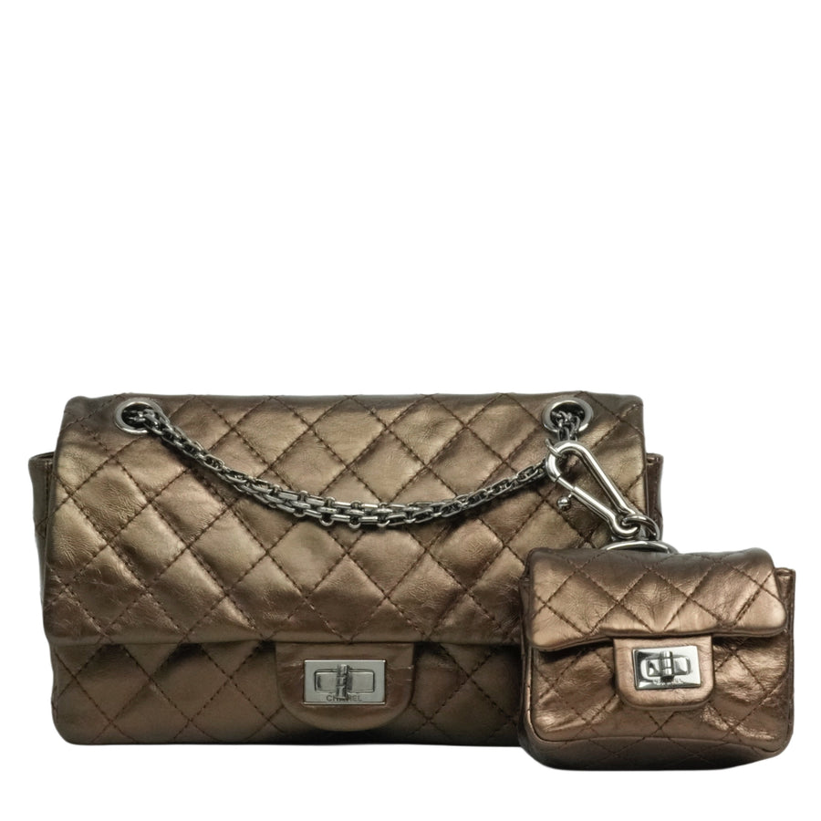 CHANEL 2008-2009 2.55 Matelassé Chain Double Flap Shoulder Bag with Pouch