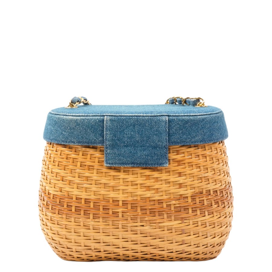 CHANEL 1997–1999 Coco Mark Chain Straw Denim Basket Shoulder Bag