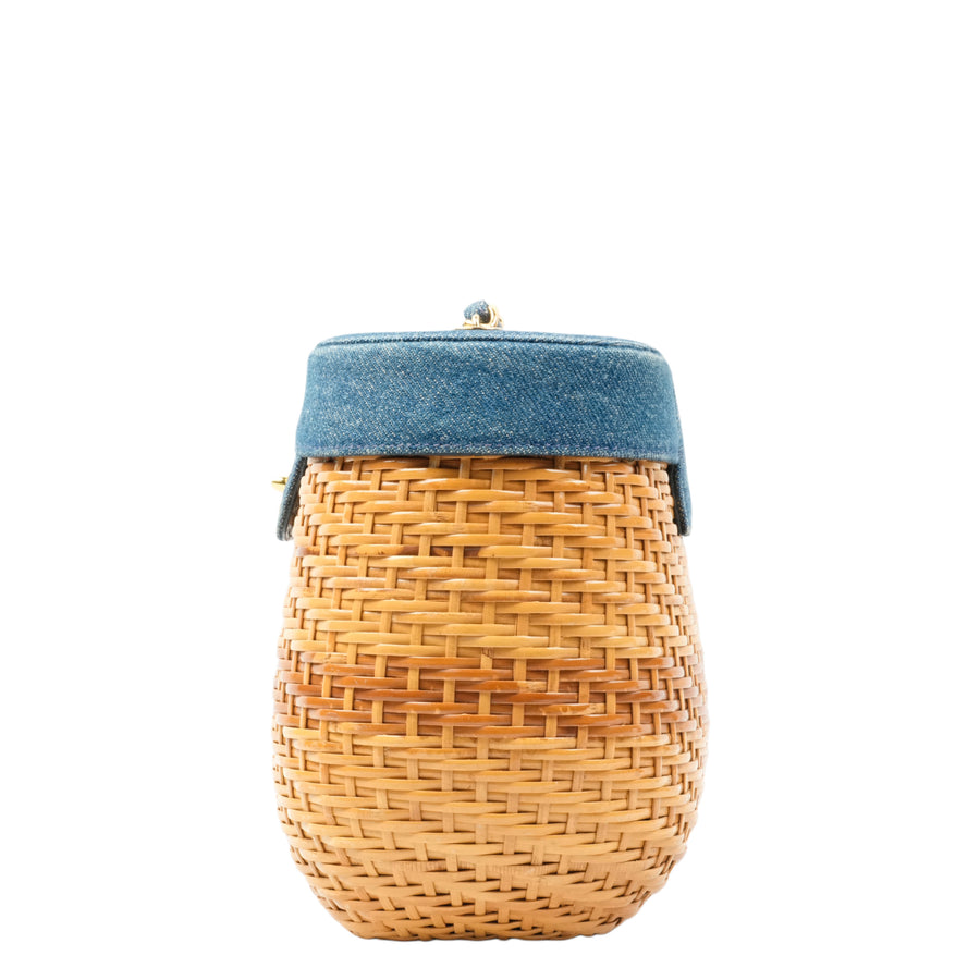 CHANEL 1997–1999 Coco Mark Chain Straw Denim Basket Shoulder Bag