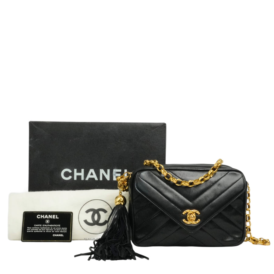 CHANEL 1991-1994 Coco Mark V-Stick Chain Lambskin Shoulder Bag