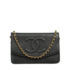 CHANEL 2002-2003 Caviar Skin Coco Mark Chain Wallet/Shoulder Bag
