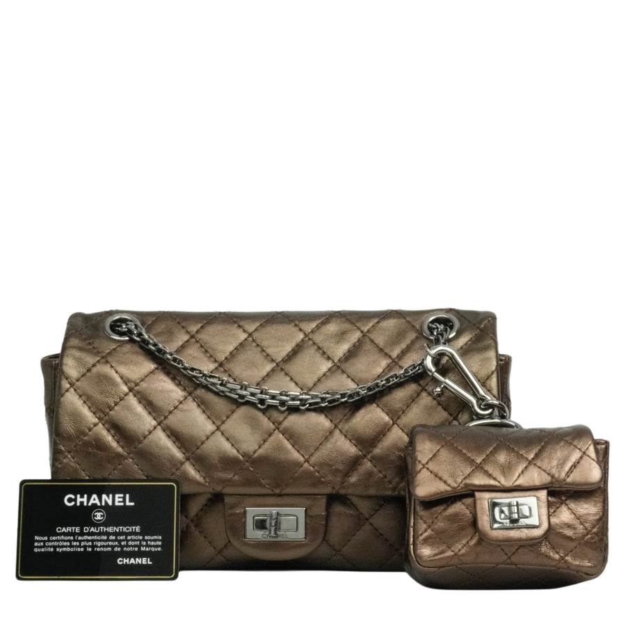 CHANEL 2008-2009 2.55 Matelassé Chain Double Flap Shoulder Bag with Pouch