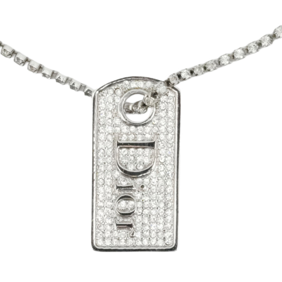 CHRISTIAN DIOR Logo Plate Rhinestone Necklace