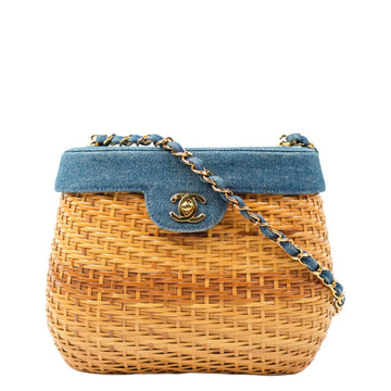 CHANEL 1997–1999 Coco Mark Chain Straw Denim Basket Shoulder Bag