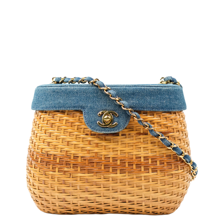 CHANEL 1997–1999 Coco Mark Chain Straw Denim Basket Shoulder Bag