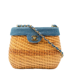 CHANEL 1997–1999 Coco Mark Chain Straw Denim Basket Shoulder Bag