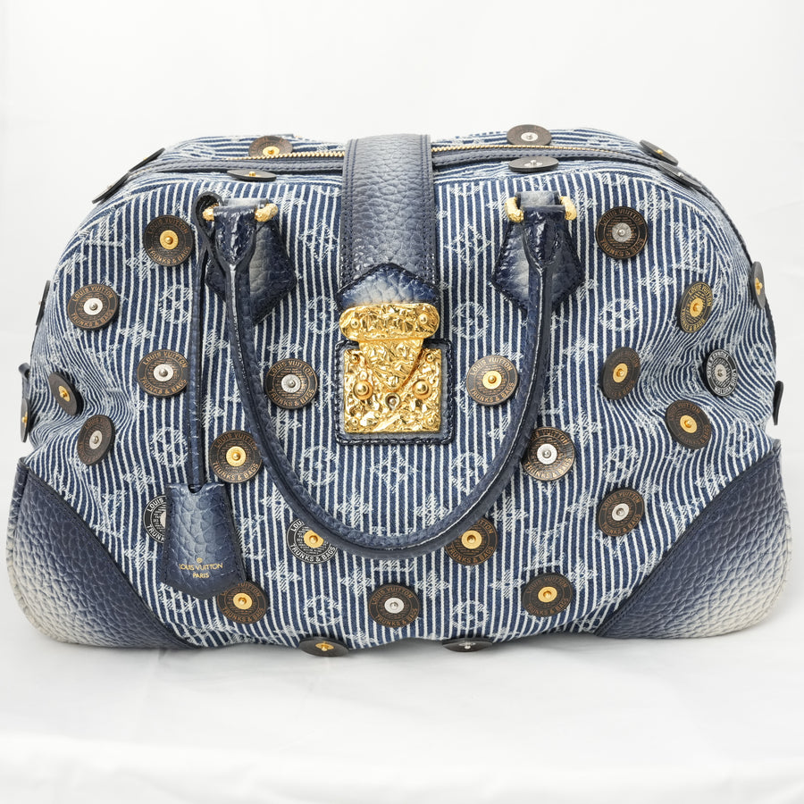 LOUIS VUITTON Denim Polka Dots Panama Bowly Canvas Navy Boston/Handbag M95418