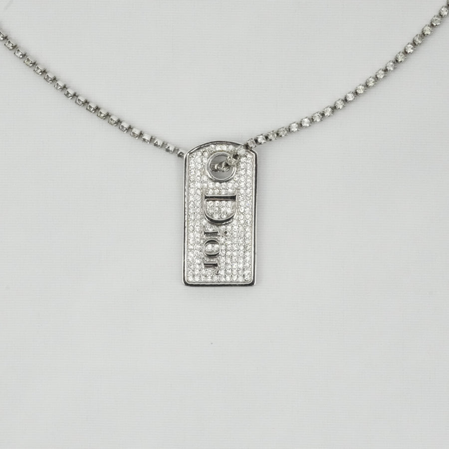 CHRISTIAN DIOR Logo Plate Rhinestone Necklace