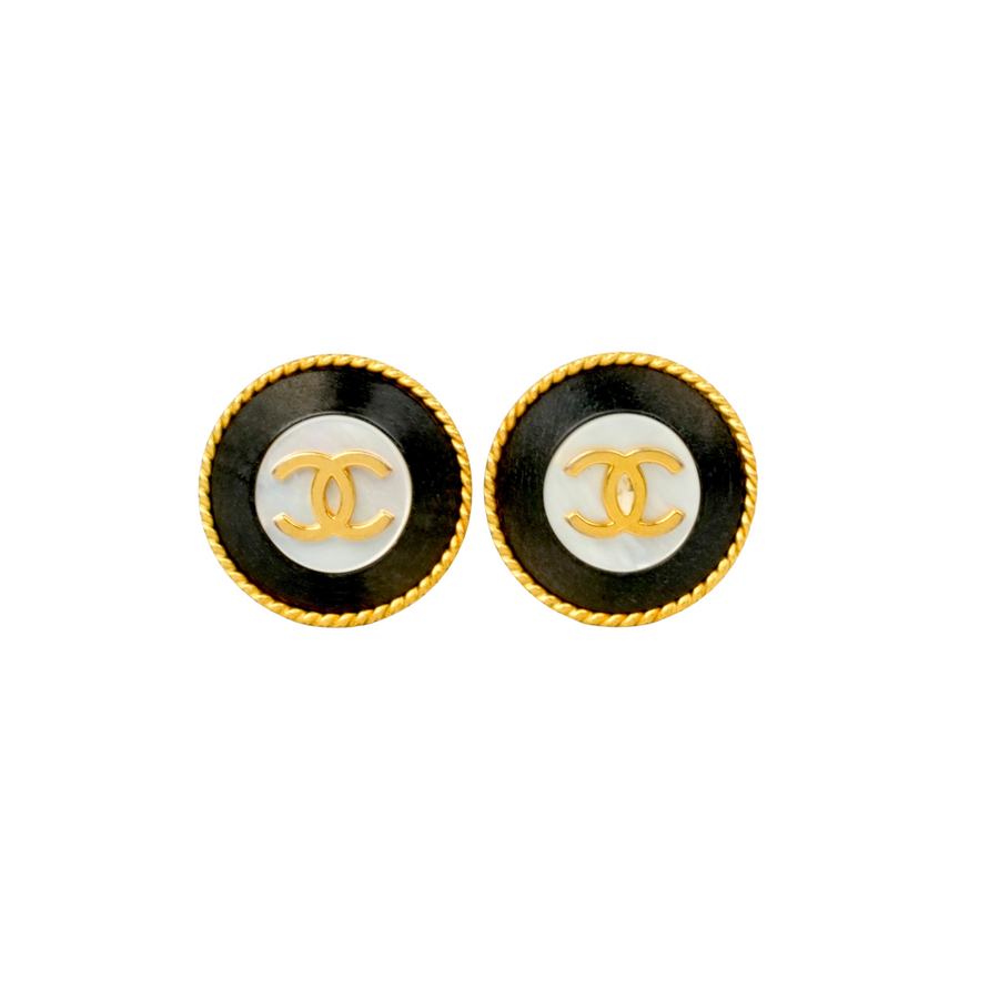 CHANEL Wood Shell Button Coco Mark Earrings