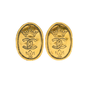 CHANEL Crown Motif Oval Plate Earrings