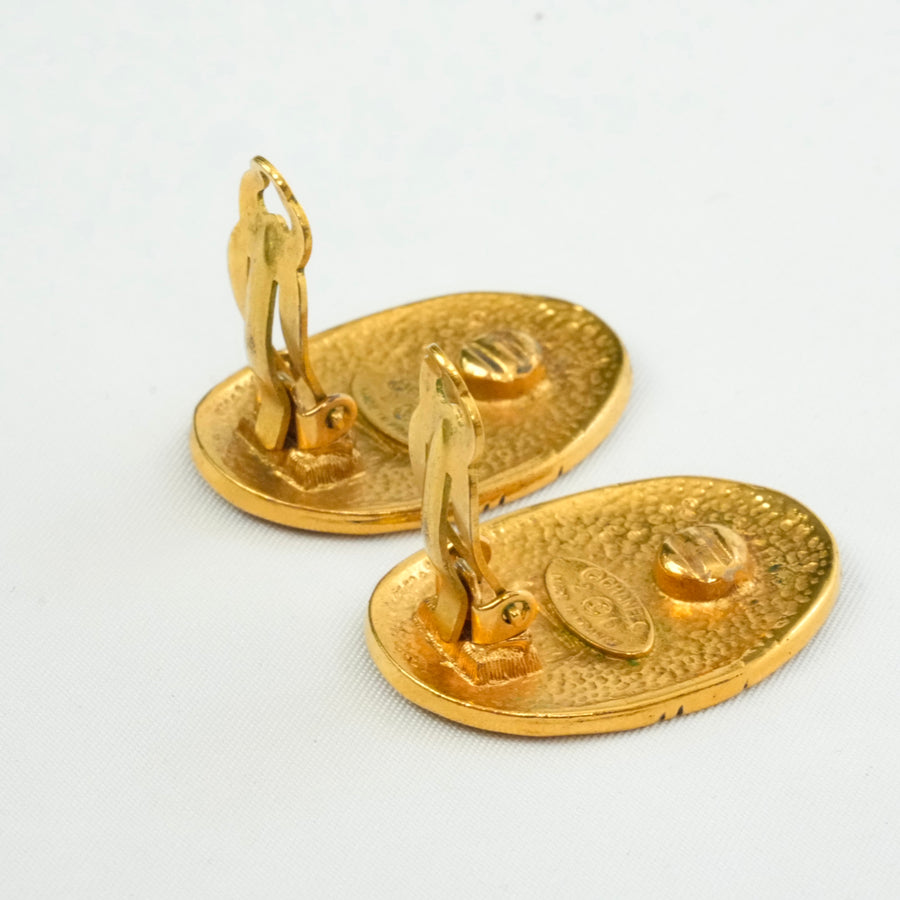 CHANEL Crown Motif Oval Plate Earrings