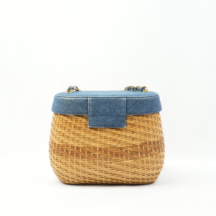 CHANEL 1997-1999 Denim with Rattan Shoulder Bag