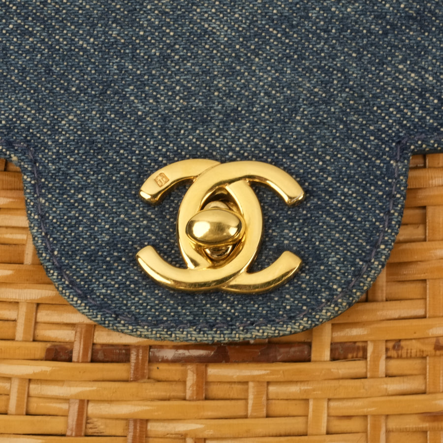 CHANEL 1997-1999 Denim with Rattan Shoulder Bag