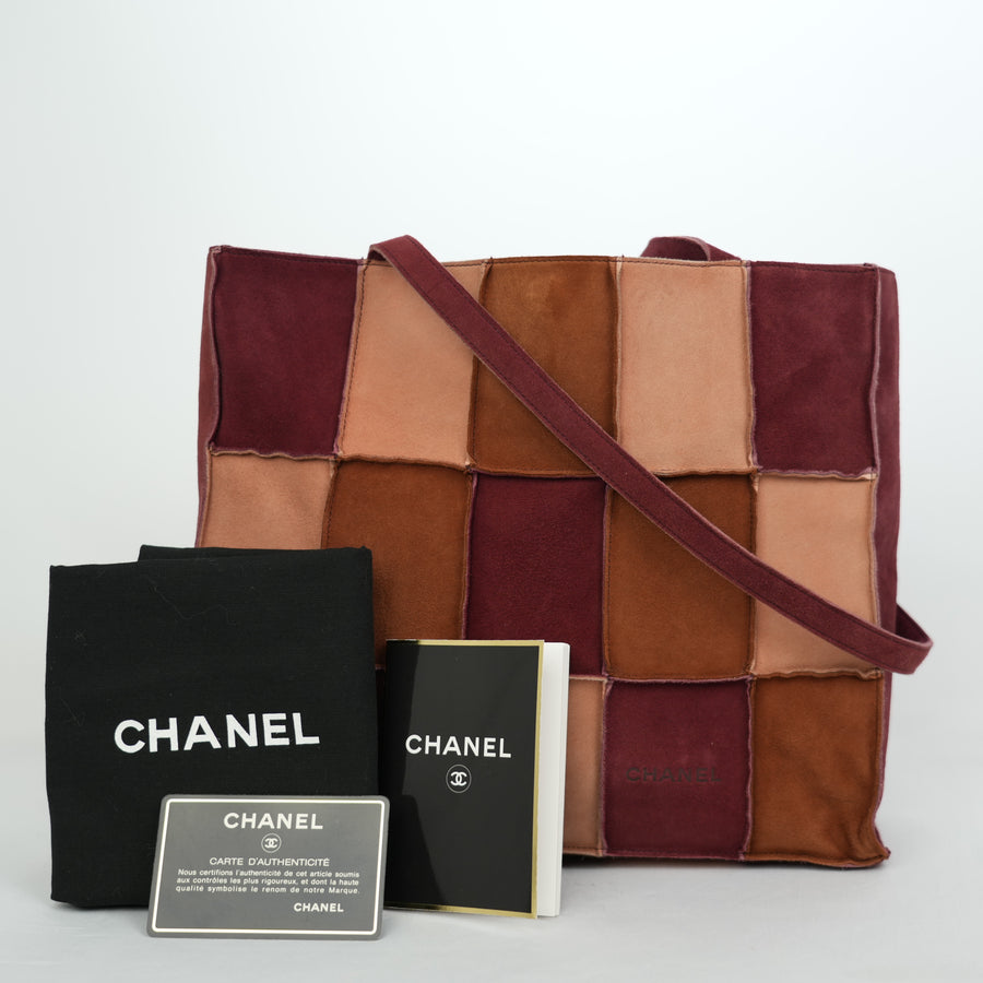 CHANEL 2000-2002 Suede Beige Bordeaux Silver Hardware Tote Bag