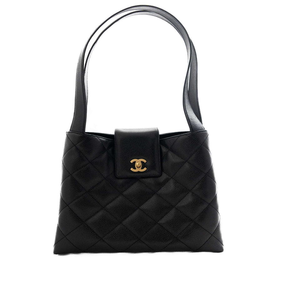 CHANEL 2000-2002 With Coco Mark Turn Lock Caviar Skin Shoulder Bag