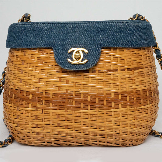 CHANEL 1997-1999 Denim with Rattan Shoulder Bag